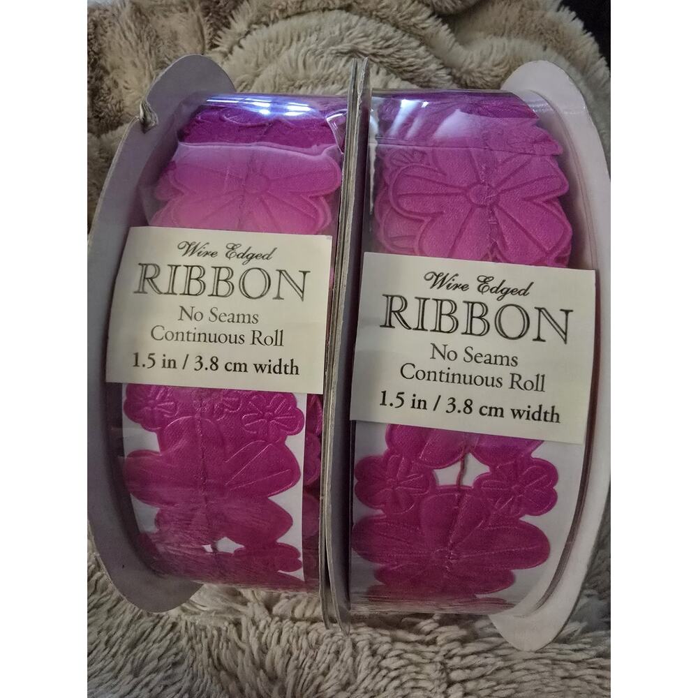 NEW Kirkland Signature Ribbon Pink Flower Wire Edged 1.5” 50 Yards